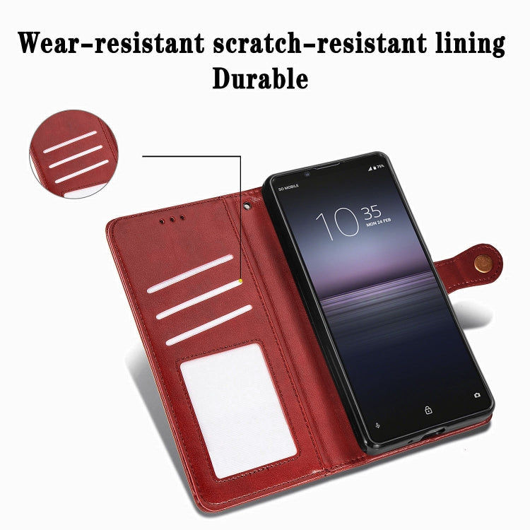 Compatible with Sony Xperia 1 II Retro Solid Color Leather Buckle Phone Case with Lanyard & Photo Frame & Card Slot & Wallet & Stand Function