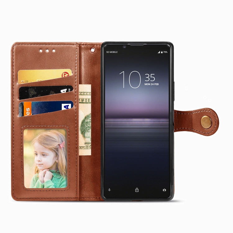 Compatible with Sony Xperia 1 II Retro Solid Color Leather Buckle Phone Case with Lanyard & Photo Frame & Card Slot & Wallet & Stand Function