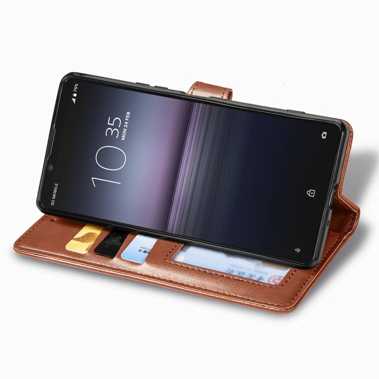 Compatible with Sony Xperia 1 II Retro Solid Color Leather Buckle Phone Case with Lanyard & Photo Frame & Card Slot & Wallet & Stand Function
