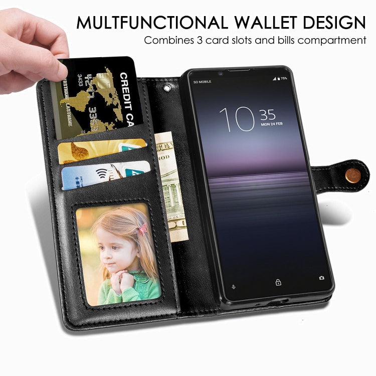 Compatible with Sony Xperia 1 II Retro Solid Color Leather Buckle Phone Case with Lanyard & Photo Frame & Card Slot & Wallet & Stand Function