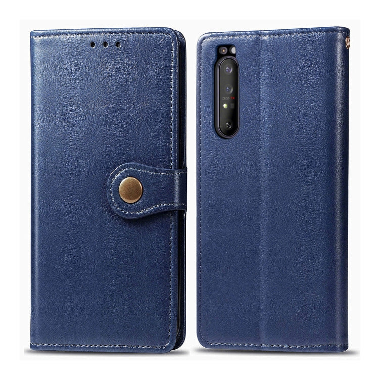 Compatible with Sony Xperia 1 II Retro Solid Color Leather Buckle Phone Case with Lanyard & Photo Frame & Card Slot & Wallet & Stand Function