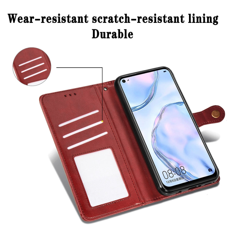 For Huawei P40 Lite/Nova 7i/Nova 6se Retro Solid Color Leather Buckle Phone Case with Lanyard & Photo Frame & Card Slot & Wallet & Stand Function