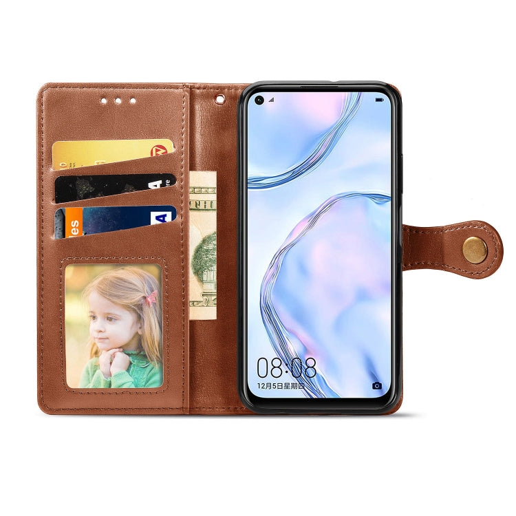 For Huawei P40 Lite/Nova 7i/Nova 6se Retro Solid Color Leather Buckle Phone Case with Lanyard & Photo Frame & Card Slot & Wallet & Stand Function