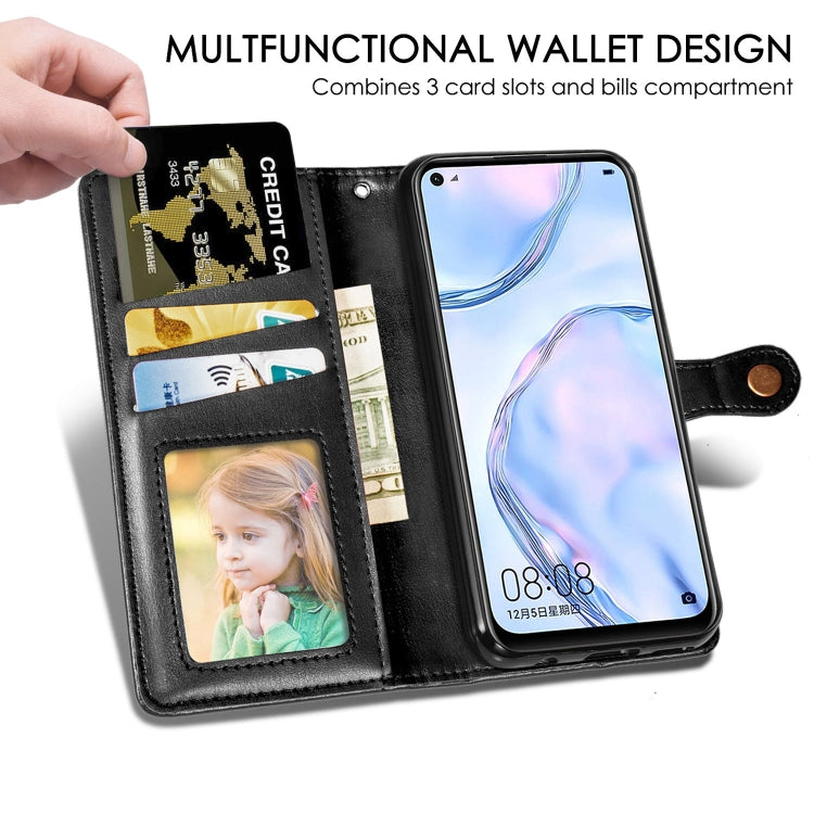 For Huawei P40 Lite/Nova 7i/Nova 6se Retro Solid Color Leather Buckle Phone Case with Lanyard & Photo Frame & Card Slot & Wallet & Stand Function