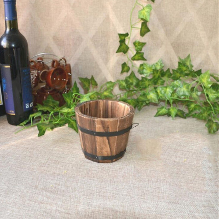 Balcony Vegetable Succulent Carbonized Wood Flower Pot Retro Small Wooden Bucket Home Decoration, S Flat Mouth