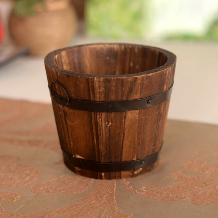 Balcony Vegetable Succulent Carbonized Wood Flower Pot Retro Small Wooden Bucket Home Decoration, M Flat Mouth