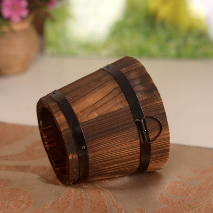 Balcony Vegetable Succulent Carbonized Wood Flower Pot Retro Small Wooden Bucket Home Decoration, M Flat Mouth