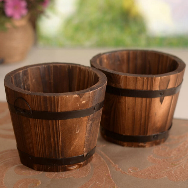 Balcony Vegetable Succulent Carbonized Wood Flower Pot Retro Small Wooden Bucket Home Decoration, M Flat Mouth