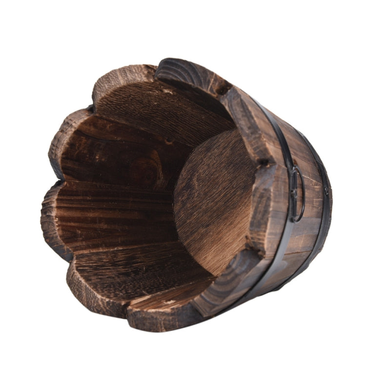 Balcony Vegetable Succulent Carbonized Wood Flower Pot Retro Small Wooden Bucket Home Decoration, S Wave Mouth