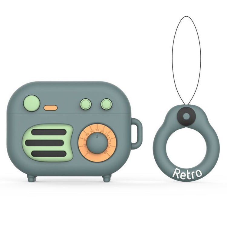 2 PCS Retro Radio Shape Protective Cover Silicone Case compatible with AirPods Pro, Green+Finger Ring