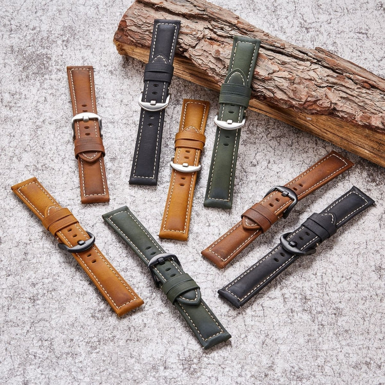Smart Quick Release Watch Strap Crazy Horse Leather Retro Strap Compatible with Samsung Huawei,Size:, 24mm (Black Silver Buckle)