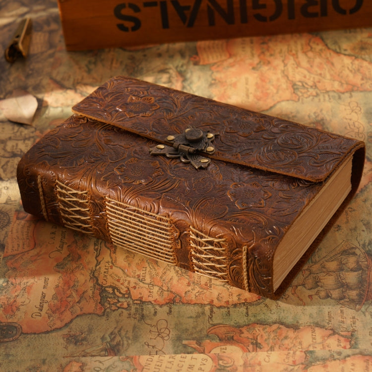 Handmade Sketchbook Cowhide Notebook Retro Notepad Notebook Diary Gift, Crazy Horse - Yellow Brown, Carved - Yellow Brown