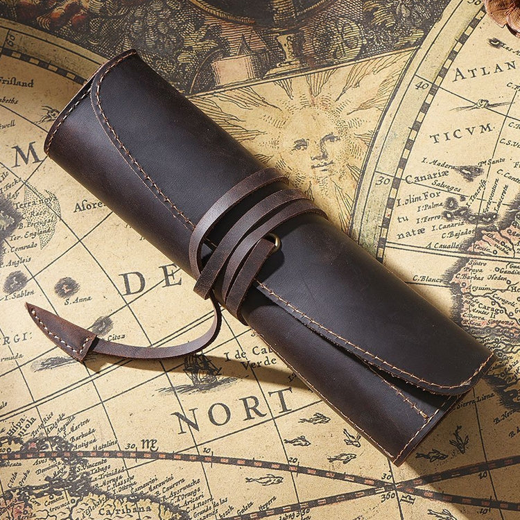 Retro First Layer Cowhide Pen Curtain Simple Literary Pencil Case Multifunctional Volume Pencil Case