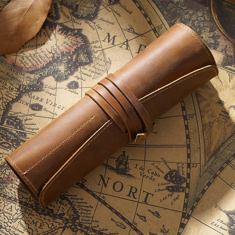 Retro First Layer Cowhide Pen Curtain Simple Literary Pencil Case Multifunctional Volume Pencil Case