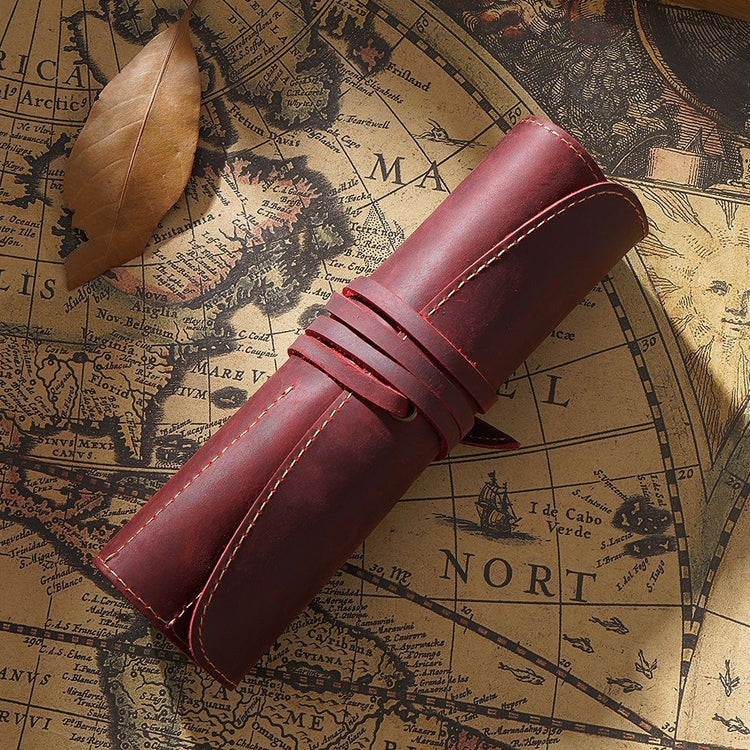 Retro First Layer Cowhide Pen Curtain Simple Literary Pencil Case Multifunctional Volume Pencil Case
