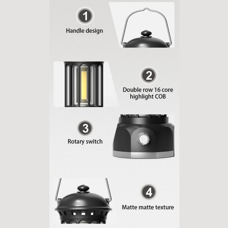 Battery Model COB Portable Outdoor Camping Lamp Atmosphere Tent Lamp Retro Lamp, Battery Large Black