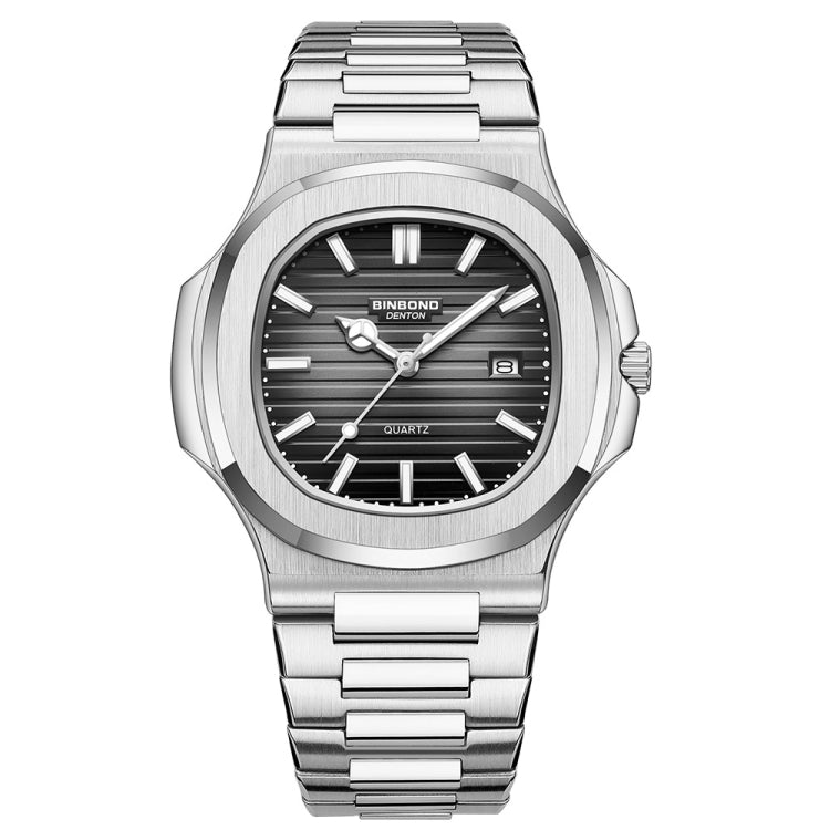 BINBOND B1885 30m Waterproof Retro Luminous Square Men Quartz Watch, White Steel-Black