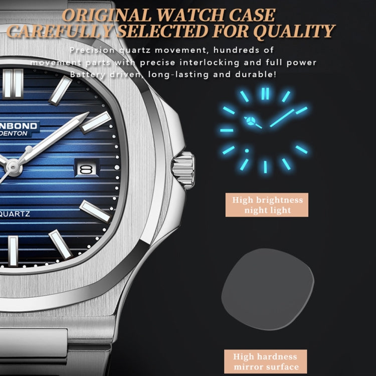 BINBOND B1885 30m Waterproof Retro Luminous Square Men Quartz Watch, Black Steel-Blue-White