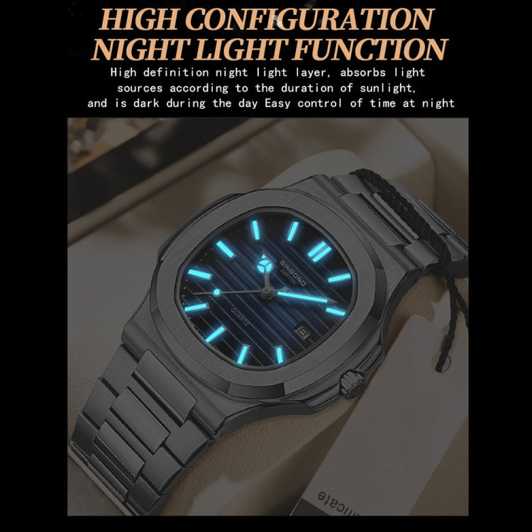 BINBOND B1885 30m Waterproof Retro Luminous Square Men Quartz Watch, Black Steel-Blue-White