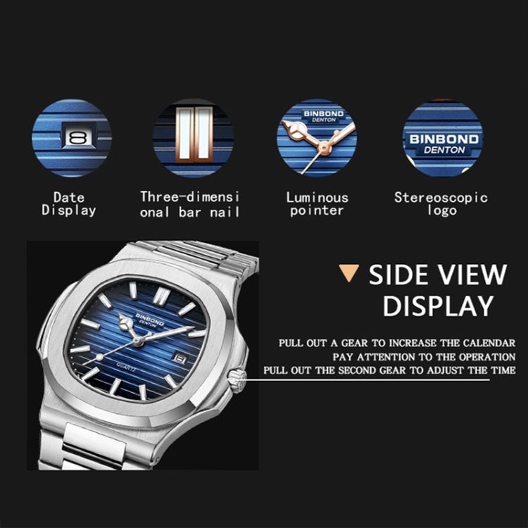 BINBOND B1885 30m Waterproof Retro Luminous Square Men Quartz Watch, White Steel-Black