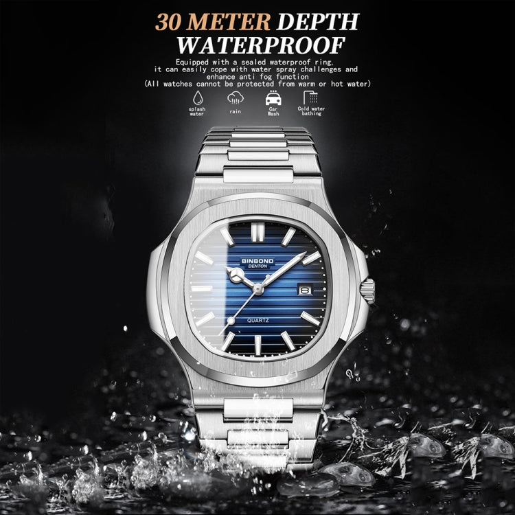 BINBOND B1885 30m Waterproof Retro Luminous Square Men Quartz Watch, White Steel-Black