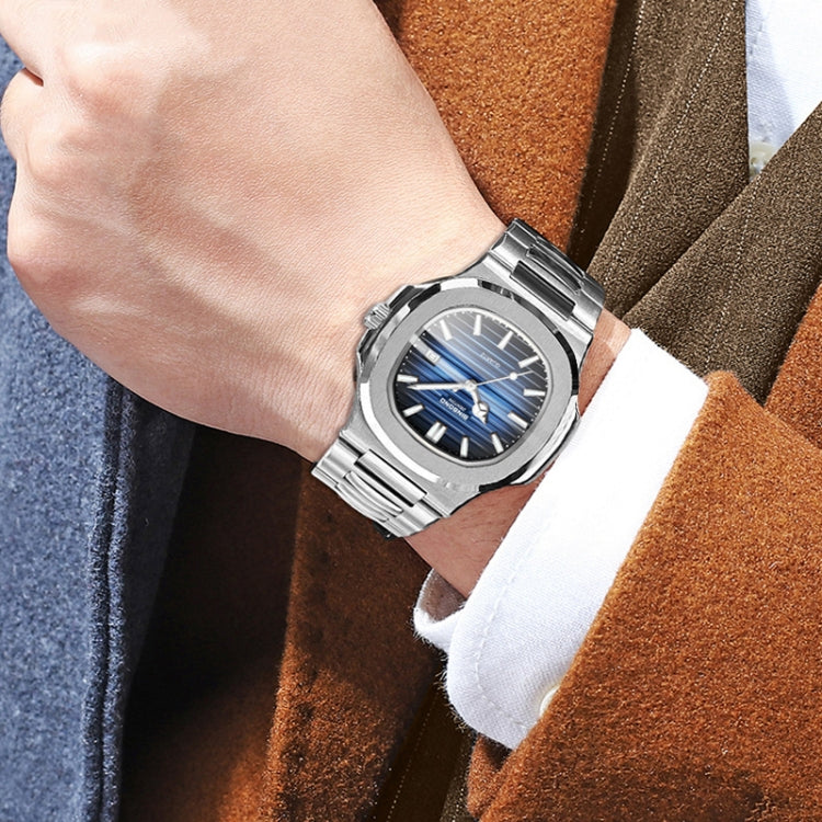 BINBOND B1885 30m Waterproof Retro Luminous Square Men Quartz Watch, White Steel-Black