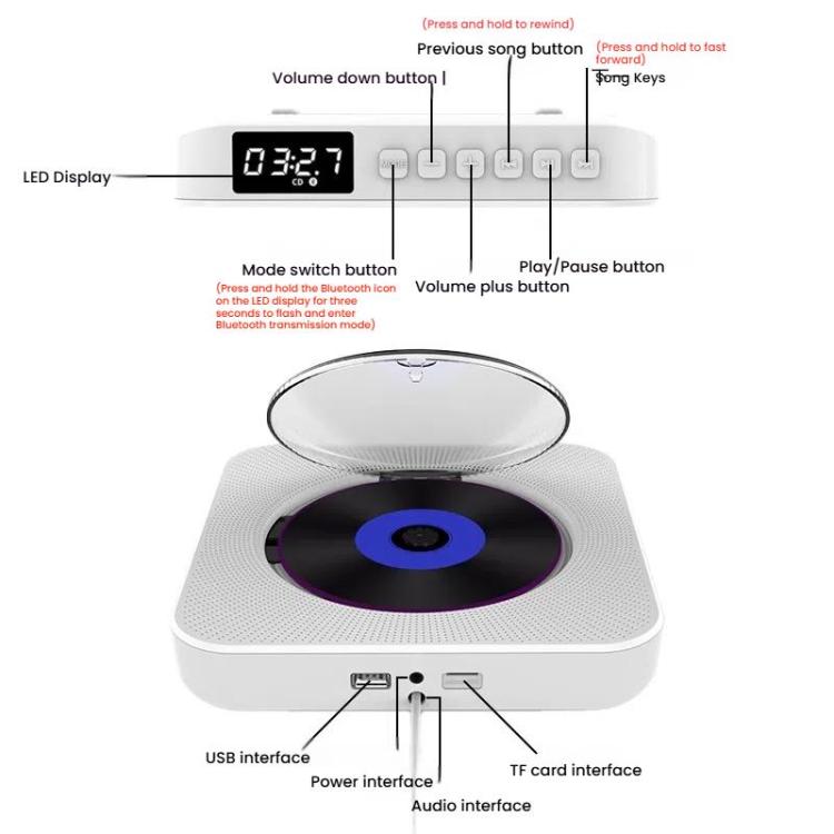 Kecag KC-807 Wall-mounted Home Retro Bluetooth CD Player, EU Plug