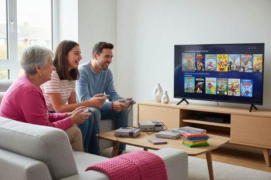retro game console, family playing, built-in games menu