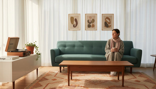 Minimalist retro living room with vintage record player