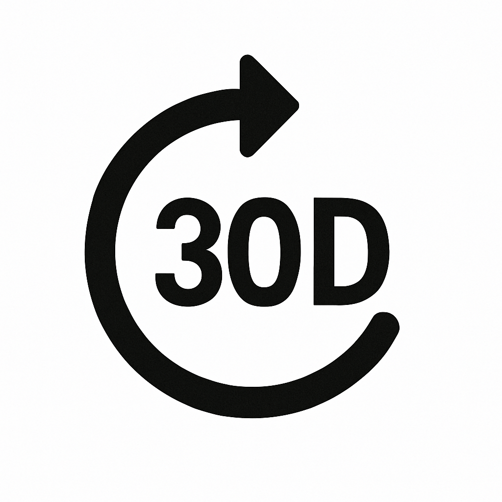 Black icon with a circular arrow and '30D' text on a white background