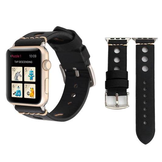 Compatible with Apple Watch Series 10 42mm / 9&8&7 41mm / SE 3&SE 2&6&SE&5&4 40mm / 3&2&1 38mm Retro Hole Genuine Leather Wrist Watch Band, Compatible with 38mm