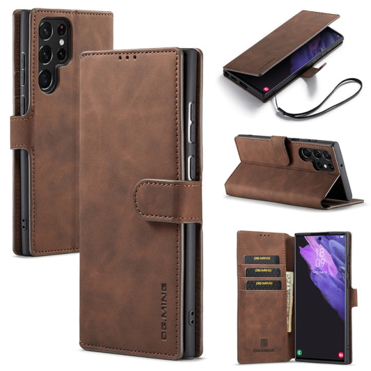 DG.MING Retro Oil Side Horizontal Flip Leather Case with Holder & Card Slots & Wallet, Compatible with Samsung Galaxy S22 Ultra