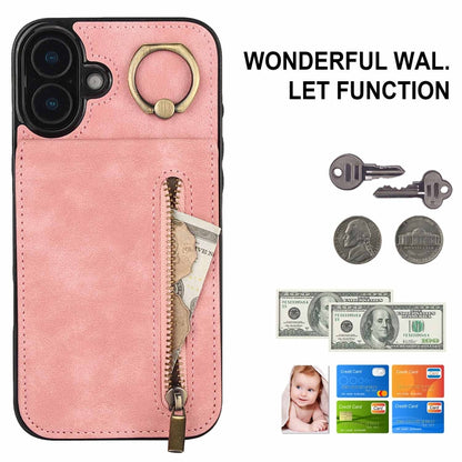 Retro Ring and Zipper RFID Card Slot Phone Case, For iPhone 16 Plus