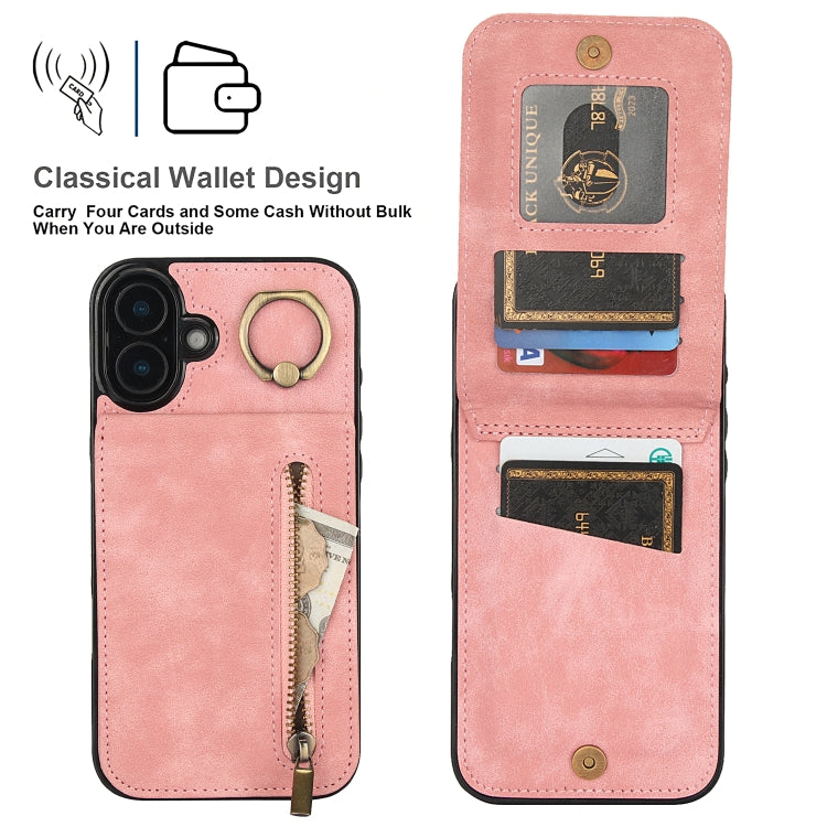 Retro Ring and Zipper RFID Card Slot Phone Case, For iPhone 16 Plus