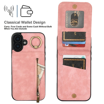 Retro Ring and Zipper RFID Card Slot Phone Case, For iPhone 16 Plus