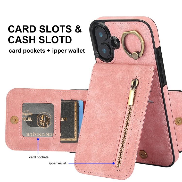 Retro Ring and Zipper RFID Card Slot Phone Case, For iPhone 16 Plus