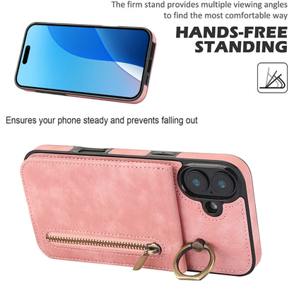 Retro Ring and Zipper RFID Card Slot Phone Case, For iPhone 16 Plus