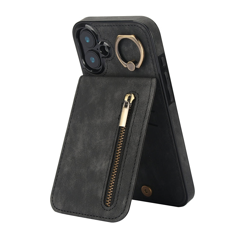 Retro Ring and Zipper RFID Card Slot Phone Case, For iPhone 16 Plus