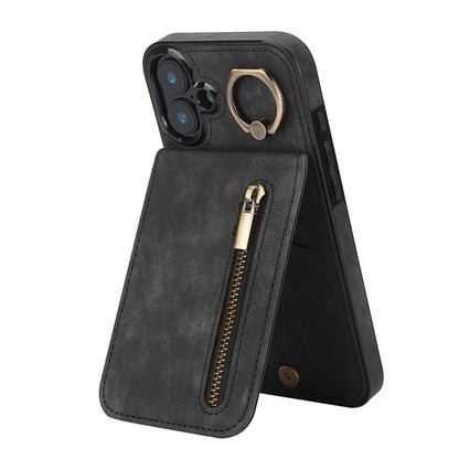 Retro Ring and Zipper RFID Card Slot Phone Case, For iPhone 16 Plus