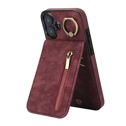 Retro Ring and Zipper RFID Card Slot Phone Case, For iPhone 16 Plus
