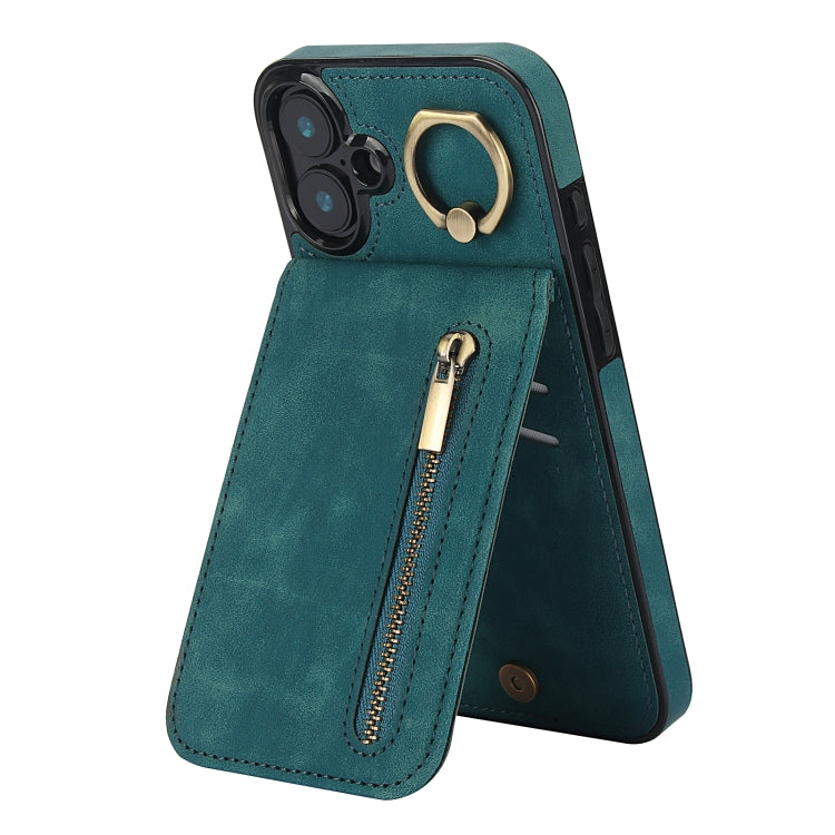 Retro Ring and Zipper RFID Card Slot Phone Case, For iPhone 16 Plus