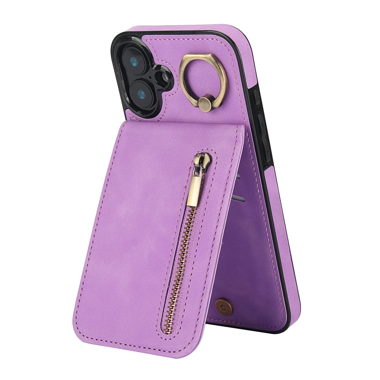 Retro Ring and Zipper RFID Card Slot Phone Case, For iPhone 16 Plus