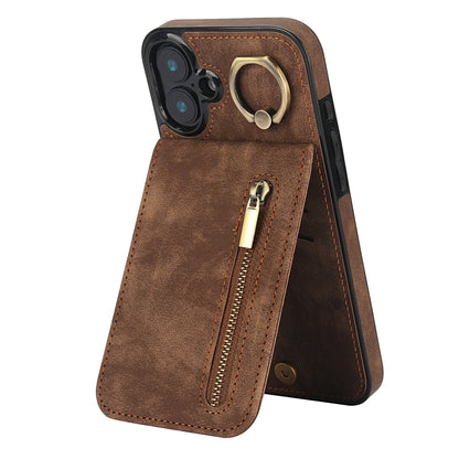 Retro Ring and Zipper RFID Card Slot Phone Case, For iPhone 16 Plus