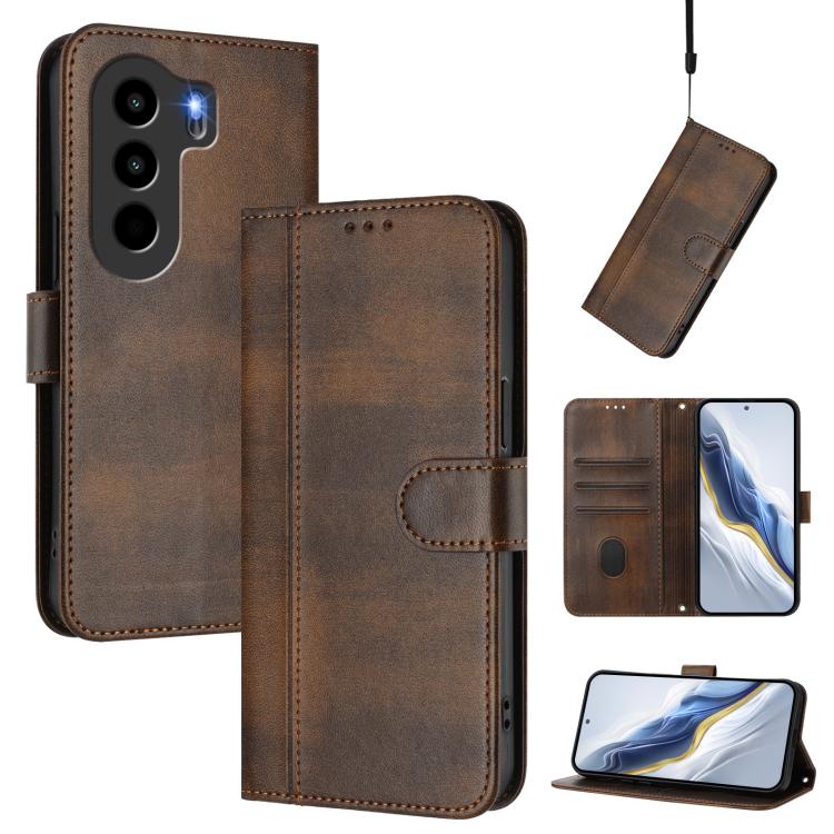 Line Splicing Buckle Retro Leather Phone Case, Compatible with itel Power 70