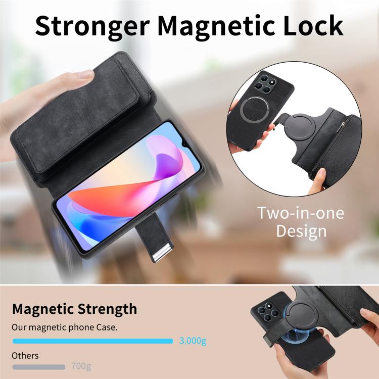 CaseNeo MagSafe RFID Anti-theft Zipper Wallet Retro Leather Phone Case, For Honor X6a