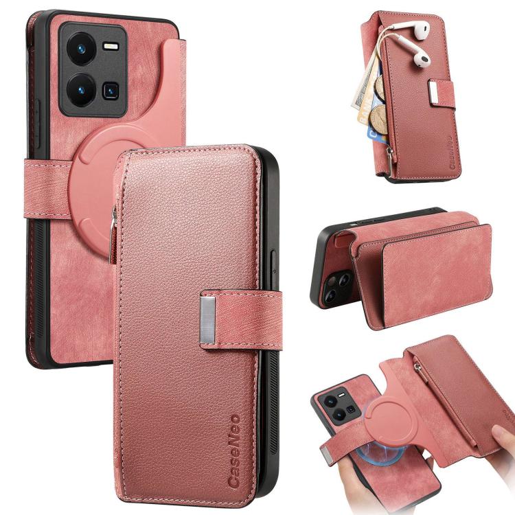 CaseNeo MagSafe RFID Anti-theft Zipper Wallet Retro Leather Phone Case, Compatible with vivo Y35 4G 2022
