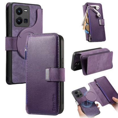 CaseNeo MagSafe RFID Anti-theft Zipper Wallet Retro Leather Phone Case, Compatible with vivo Y35 4G 2022