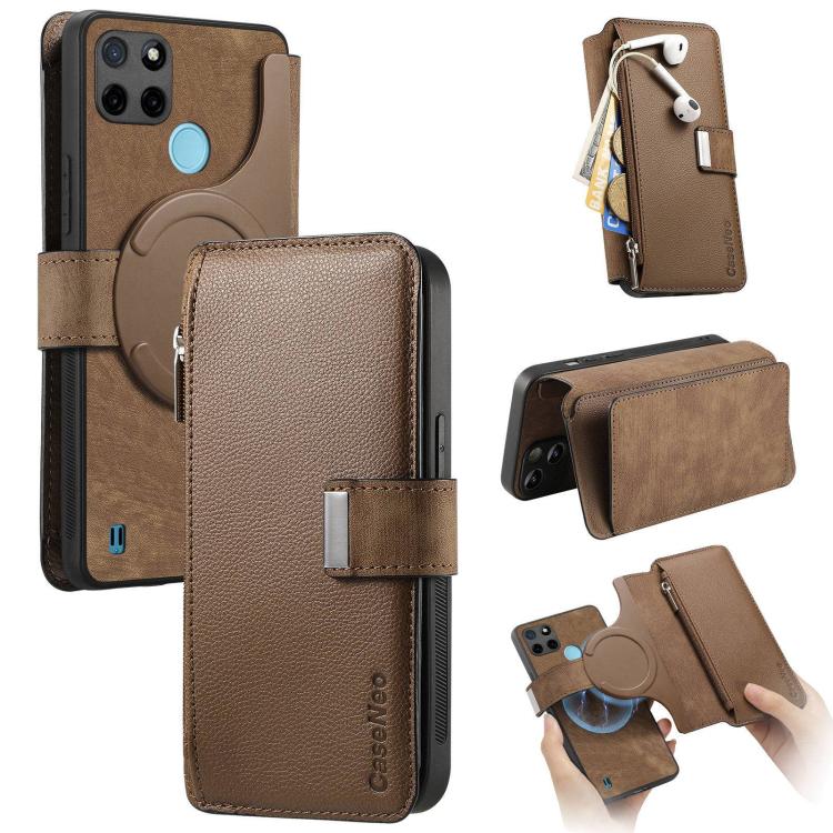CaseNeo MagSafe RFID Anti-theft Zipper Wallet Retro Leather Phone Case, Compatible with Realme C21Y