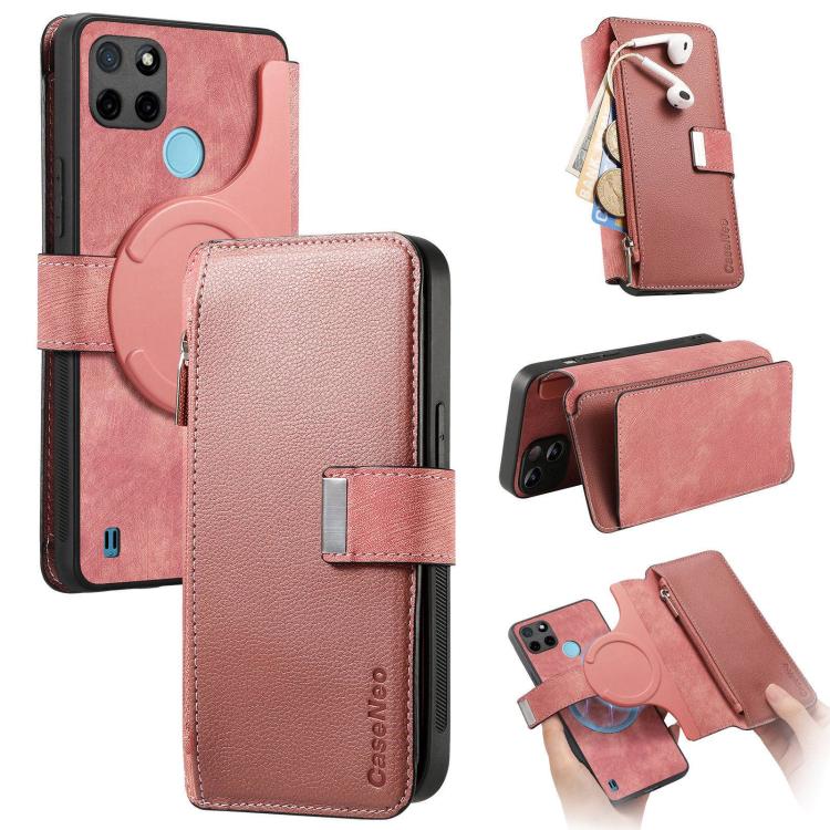 CaseNeo MagSafe RFID Anti-theft Zipper Wallet Retro Leather Phone Case, Compatible with Realme C21Y