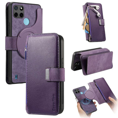 CaseNeo MagSafe RFID Anti-theft Zipper Wallet Retro Leather Phone Case, Compatible with Realme C21Y